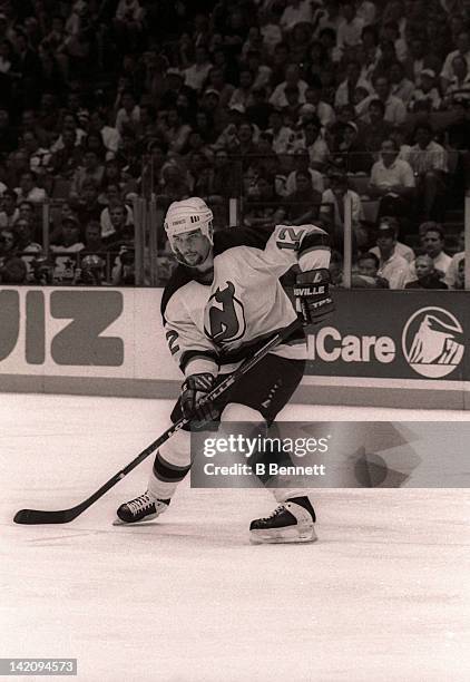 Bill Guerin of the New Jersey Devils skates on the ice during Game 6 of the Eastern Conference Finals against the New York Rangers on May 25, 1994 at...