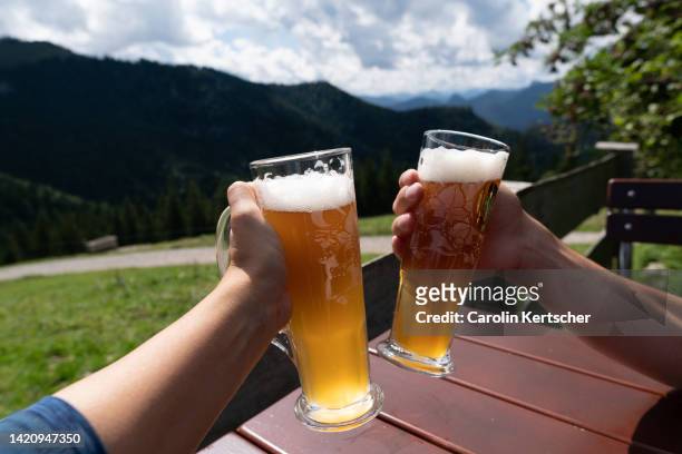 beer glass on a wooden table in an alpine pasture - wheat beer stock pictures, royalty-free photos & images