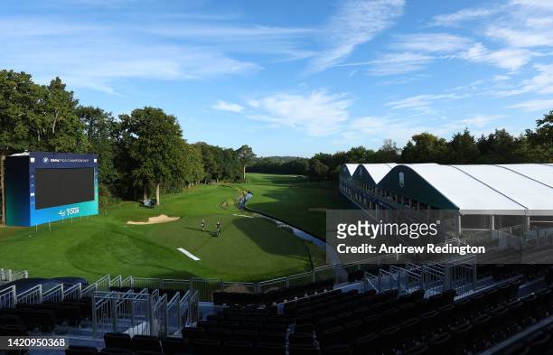 General view of the 18th hole during a practice round prior to the BMW PGA Championship at Wentworth Golf Club on September 05, 2022 in Virginia...