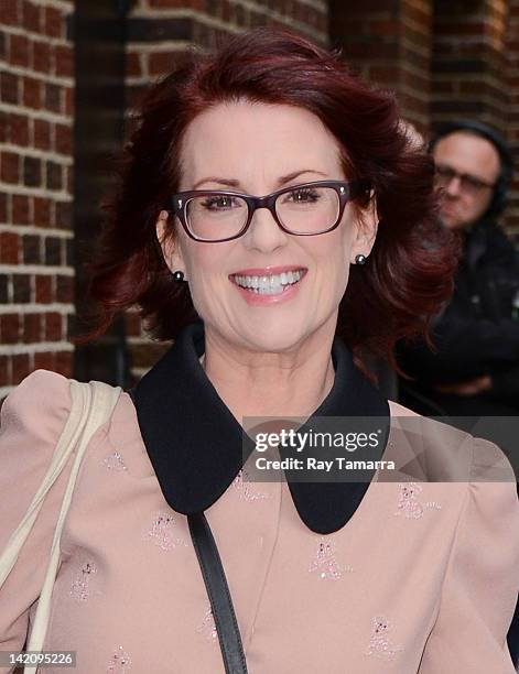 Actress Megan Mullally enters the "Late Show With David Letterman" taping at the Ed Sullivan Theater on March 29, 2012 in New York City.