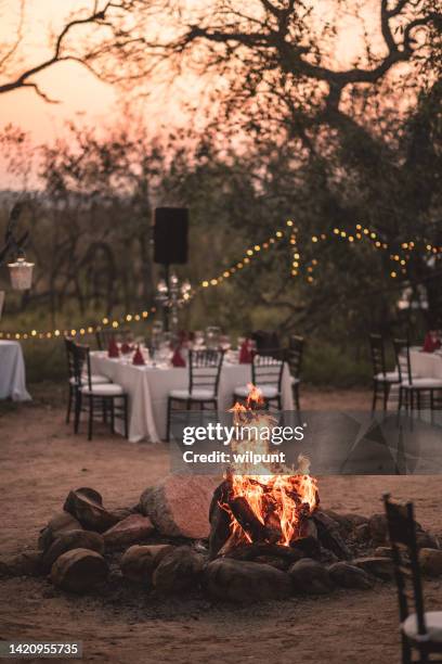 opulent african bush dinner at dusk with acacia silhouettes string lights candles and a campfire bonfire south africa - kruger national park stockfoto's en -beelden
