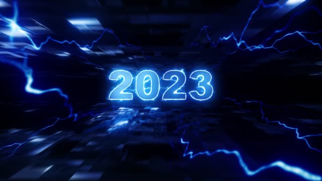 Year 2023 in blue colors, electro effect, figures with electricity