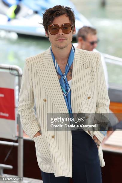 Harry Styles arrives for the photocall for "Don't Worry Darling" during the 79th Venice International Film Festival on September 05, 2022 in Venice,...