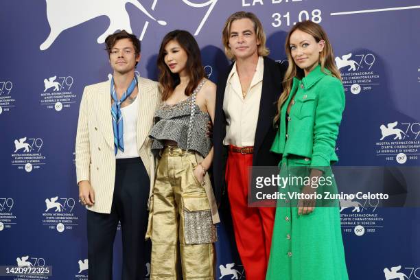 Harry Styles, Gemma Chan, Chris Pine and director Olivia Wilde attends the photocall for "Don't Worry Darling" at the 79th Venice International Film...
