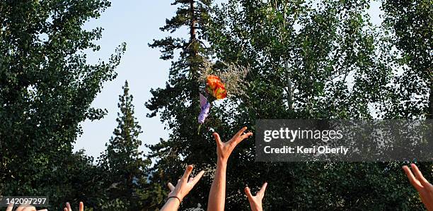 ladies' hands reach for the bouquet in south lake tahoe, california. - catching bouquet stock pictures, royalty-free photos & images