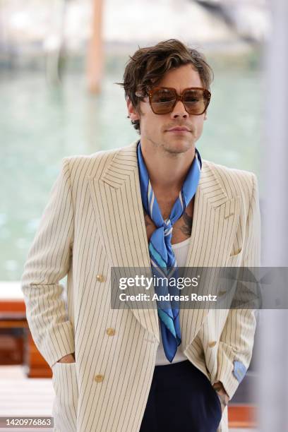 Harry Styles arrives for the photocall for "Don't Worry Darling" during the 79th Venice International Film Festival on September 05, 2022 in Venice,...