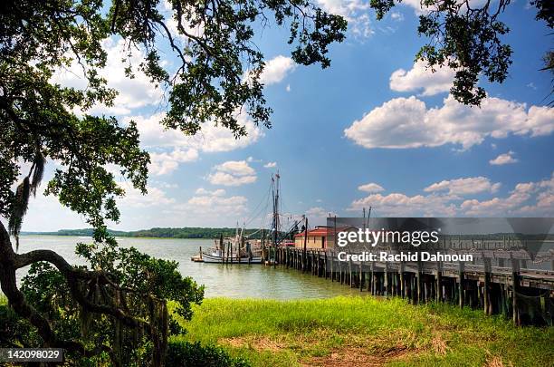 shrimp boats are docked at the end of a pier on the intracoastal waterway on hilton head island, sc. - shrimp boat stock pictures, royalty-free photos & images