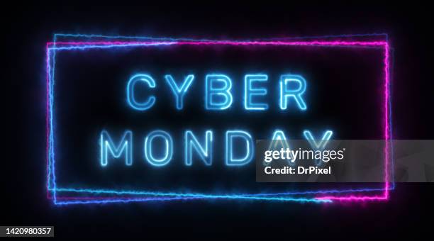 cyber monday text in a fluorescent energy light rectangle frame - fluorescent stock pictures, royalty-free photos & images