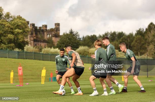 Giorgos Giakoumakis of Celtic is seen during a training session ahead of their UEFA Champions League group F match against Real Madrid at Celtic Park...