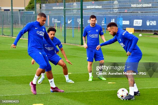 Kylian Mbappe, Marquinhos, Leo Messi and Neymar Jr in action during a Paris Saint-Germain training session ahead of their UEFA Champions League group...