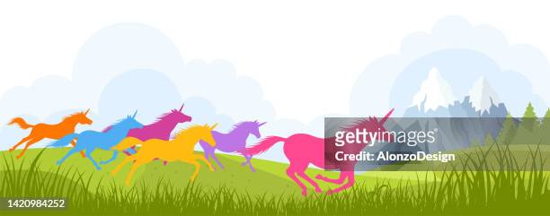 freedom. running unicorns. mysterious animal. - unicorn horn stock illustrations