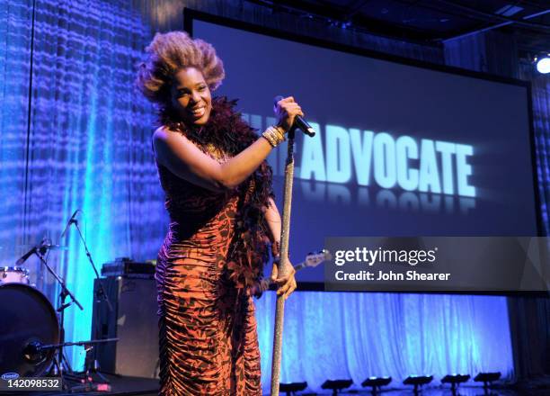 Singer Macy Gray performs onstage at The Advocate 45th Presented by Lexus held at The Beverly Hilton Hotel on March 29, 2012 in Beverly Hills,...