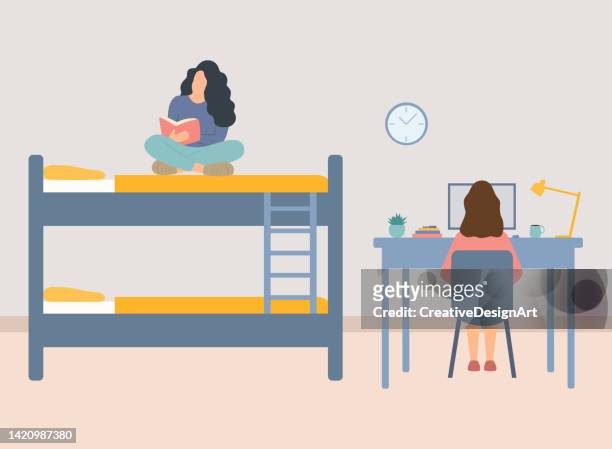 ilustraciones, imágenes clip art, dibujos animados e iconos de stock de dormitorio universitario con estudiantes que trabajan en la computadora y leen en la cama - litera