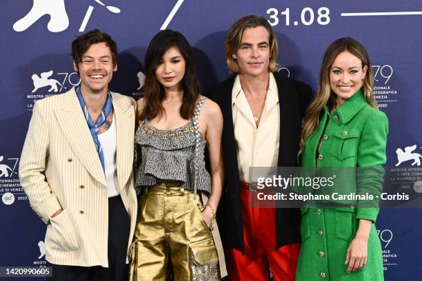 Harry Styles, Gemma Chan, Chris Pine and director Olivia Wilde attend the photocall for "Don't Worry Darling" at the 79th Venice International Film...