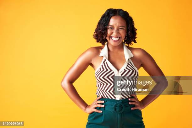 proud happy smile, business leader, work woman and personal success. job achievement and excited young girl of startup company, entrepreneur leadership and casual job isolated on a yellow background - business woman hand on hip stock pictures, royalty-free photos & images