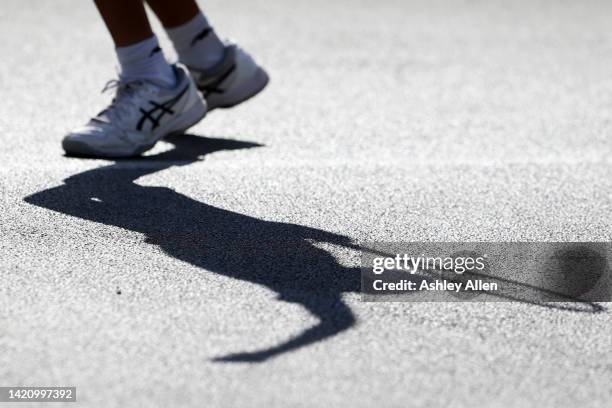 Detailed view as a competitor serves the ball at Wythenshawe Tennis Club during the Fred Perry Championships on September 04, 2022 in Manchester,...