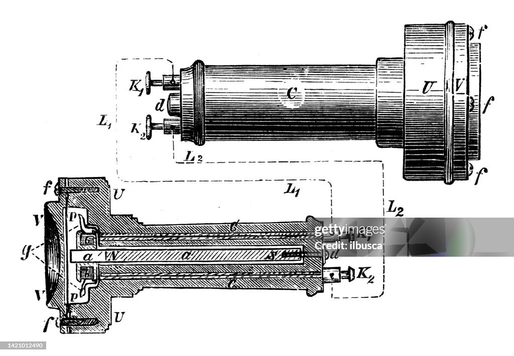 Antique illustration, physics principles and experiments, electricity and magnetism: Bell's Telephone