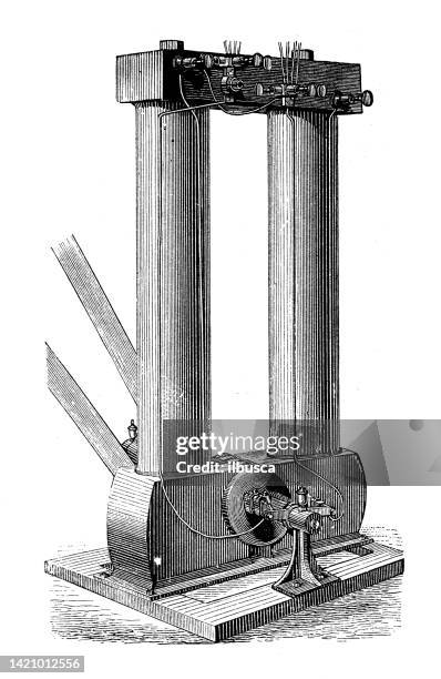 antique illustration, physics principles and experiments, electricity and magnetism: edison machine - thomas edison stock illustrations