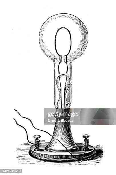 antique illustration, physics principles and experiments, electricity and magnetism: edison light bulb - electromagnetic stock illustrations