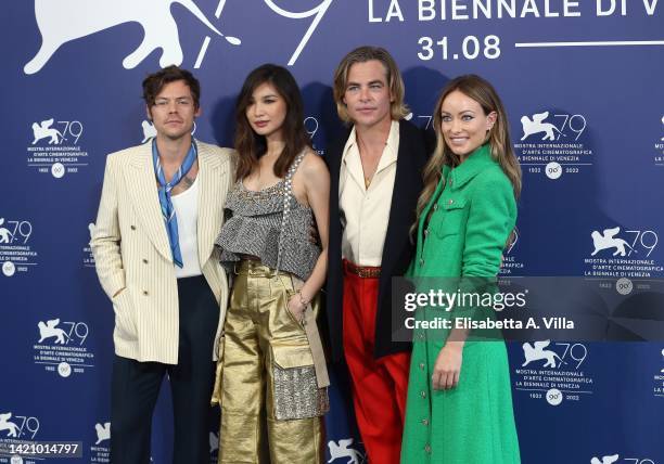 Harry Styles, Gemma Chan, Chris Pine and director Olivia Wilde attend the photocall for "Don't Worry Darling" at the 79th Venice International Film...