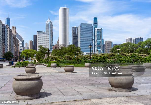 grant park and sunny chicago skyline - activists protests outside of trump tower in chicago stockfoto's en -beelden