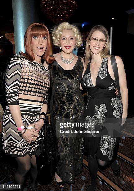 Miss Coco Peru, Calpernia Addams and Andrea James attend The Advocate 45th Presented by Lexus held at The Beverly Hilton Hotel on March 29, 2012 in...