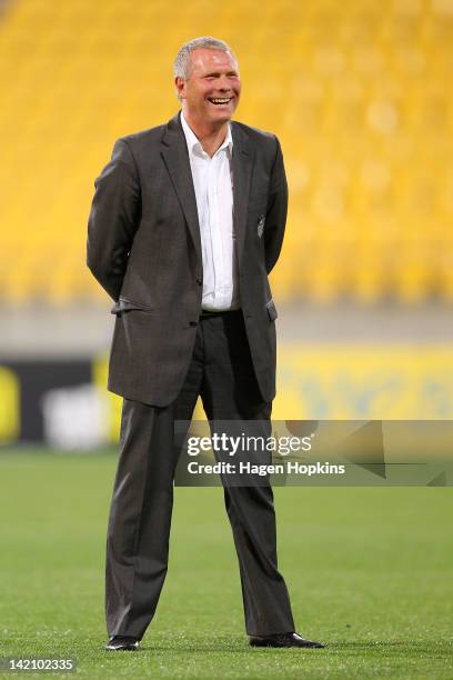 Ricki Herbert of the Phoenix enjoys a laugh during the A-League Elimination Final match between the Wellington Phoenix and Sydney FC at Westpac...