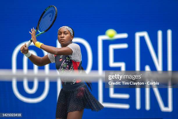 September 04: Coco Gauff of the United States warming up before her match against Shuai Zhang of China in the Women's Singles fourth round match on...