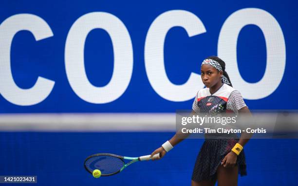 September 04: Coco Gauff of the United States warming up before her match against Shuai Zhang of China in the Women's Singles fourth round match on...