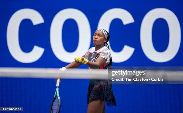 September 04: Coco Gauff of the United States warming up before her match against Shuai Zhang of China in the Women's Singles fourth round match on...