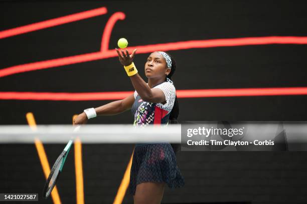 September 04: Coco Gauff of the United States warming up before her match against Shuai Zhang of China in the Women's Singles fourth round match on...