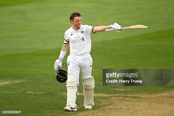 Marcus Harris of Gloucestershire celebrates their century during Day One of the LV= Insurance County Championship match between Somerset and...