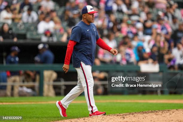 Bench coach Miguel Cairo of the Chicago White Sox looks on against the Minnesota Twins on September 4, 2022 at Guaranteed Rate Field in Chicago,...