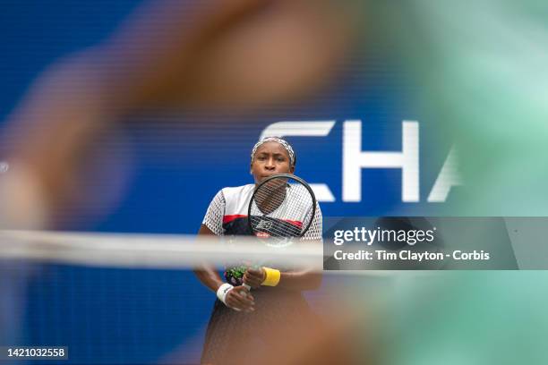 September 04: Coco Gauff of the United States in action during her match against Shuai Zhang of China in the Women's Singles fourth round match on...