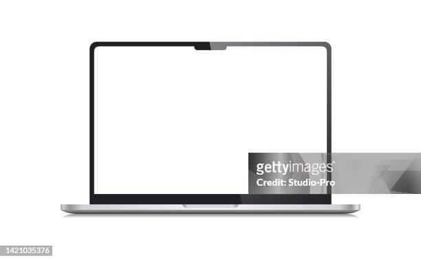 realistic macbook mockup. blank white screen laptop vector template - computer stock illustrations