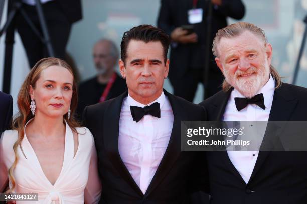 Kerry Condon, Colin Farrell and Brendan Gleeson attend "The Banshees Of Inisherin" red carpet at the 79th Venice International Film Festival on...