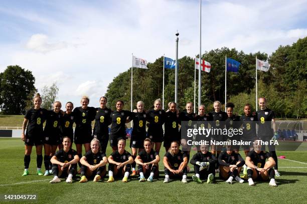 Players of England pose for a team photograph during an England Training Session at St George's Park on September 05, 2022 in Burton upon Trent,...