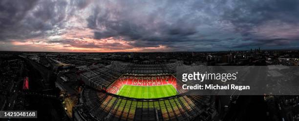 An aerial view of Old Trafford stadium after the Premier League match between Manchester United and Arsenal FC at Old Trafford on September 04, 2022...