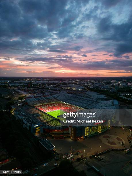 An aerial view of Old Trafford stadium after the Premier League match between Manchester United and Arsenal FC on September 04, 2022 in Manchester,...