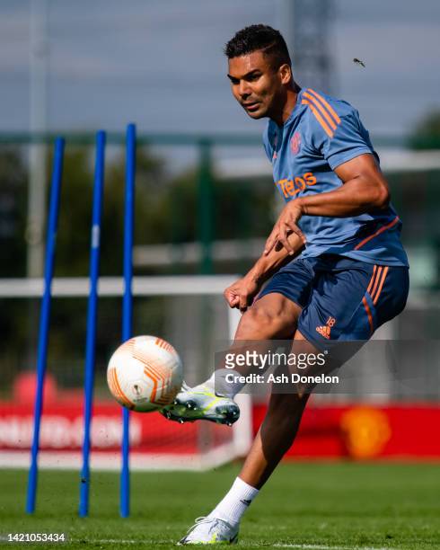 Casemiro of Manchester United i action during a first team training session at Carrington Training Ground on September 05, 2022 in Manchester,...