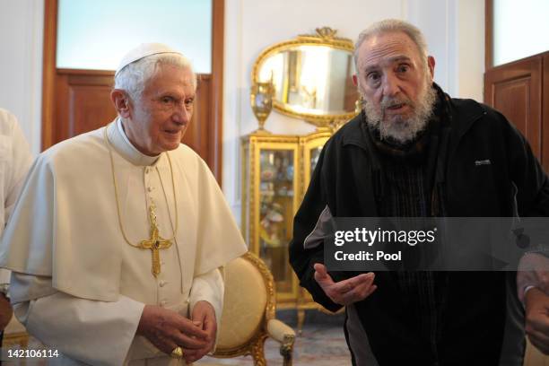 Pope Benedict XVI meets with former Cuban President Fidel Castro at the Vatican embassy on March 29, 2012 in Havana, Cuba. The Pope is finishing up...