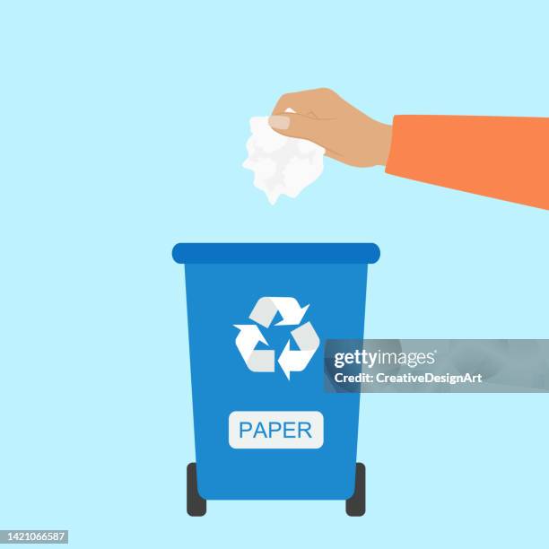 hand throwing away crumpled paper waste into recycle bin - disposal container stock illustrations