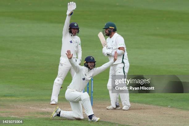 Eddie Byrom of Glamorgan reacts during the LV= Insurance County Championship match between Glamorgan and Worcestershire at Sophia Gardens on...