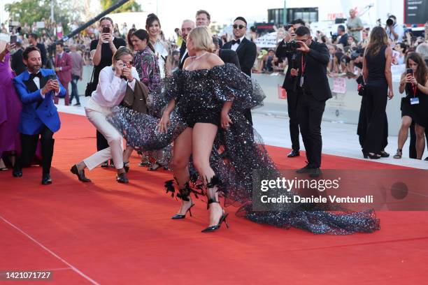 Chris Pine takes a picture of Florence Pugh on the "Don't Worry Darling" red carpet at the 79th Venice International Film Festival on September 05,...