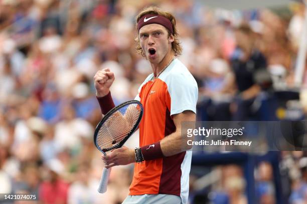 Andrey Rublev reacts to a point against Cameron Norrie of Great Britain during their Men’s Singles Fourth Round match on Day Eight of the 2022 US...