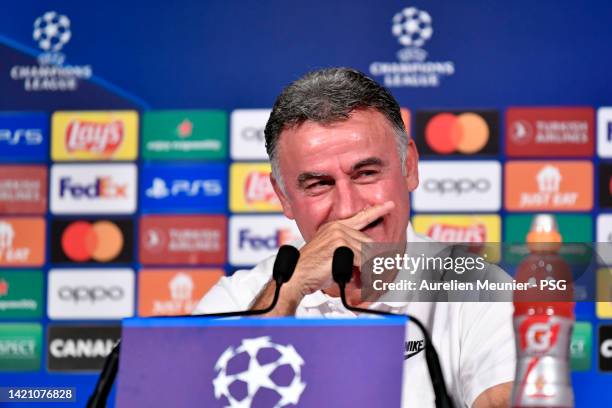 Paris Saint-Germain coach Christophe Galtier answers journalists during a press conference ahead of their UEFA Champions League group H match against...