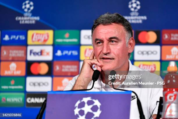 Paris Saint-Germain coach Christophe Galtier answers journalists during a press conference ahead of their UEFA Champions League group H match against...