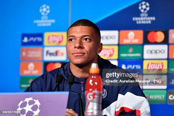 Kylian Mbappe of Paris Saint-Germain answers journalists during a press conference ahead of their UEFA Champions League group H match against...