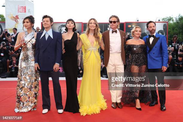 Gemma Chan, Harry Styles, Sydney Chandler, director Olivia Wilde, Chris Pine, Florence Pugh and Nick Kroll attend the "Don't Worry Darling" red...