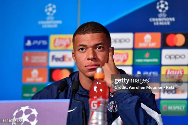 Kylian Mbappe of Paris Saint-Germain answers journalists during a press conference ahead of their UEFA Champions League group H match against...